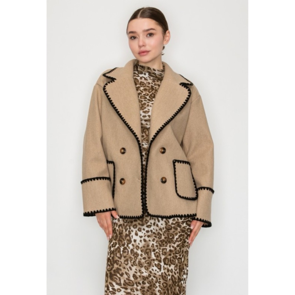Woven Trim Camel Double-Breasted Coat